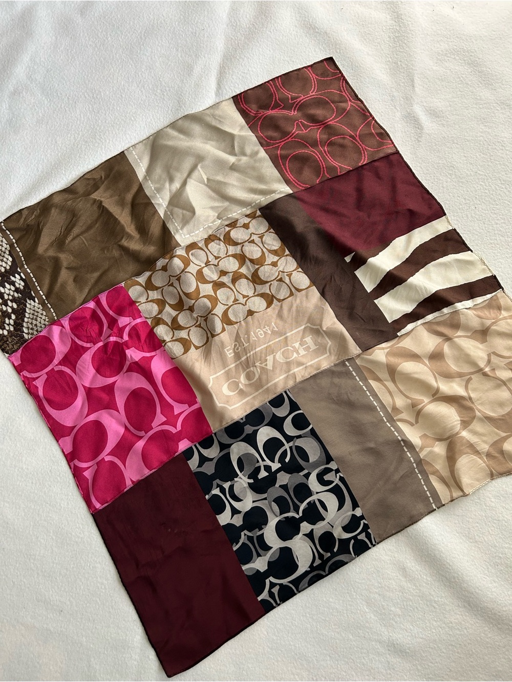 Coach Patchwork Silk Scarf in Hot Pink, Burgundy, Brown, Cream, Black